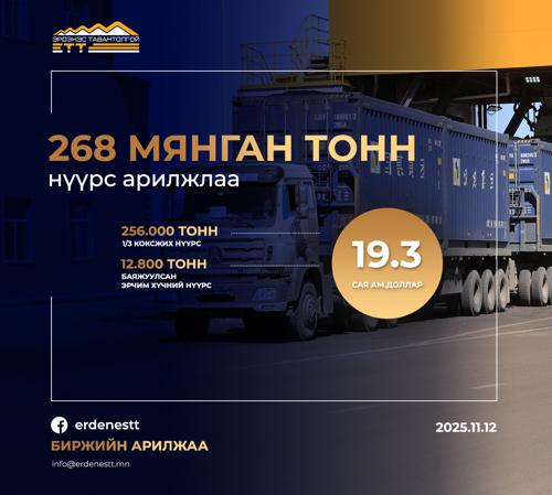 268 МЯНГАН ТОНН НҮҮРС 19.3 САЯ АМ.ДОЛЛАРООР АРИЛЖЛАА